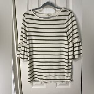 Max Studio Cream and Green Stripe 3/4 Ruffle Bell Sleeve Top size Small